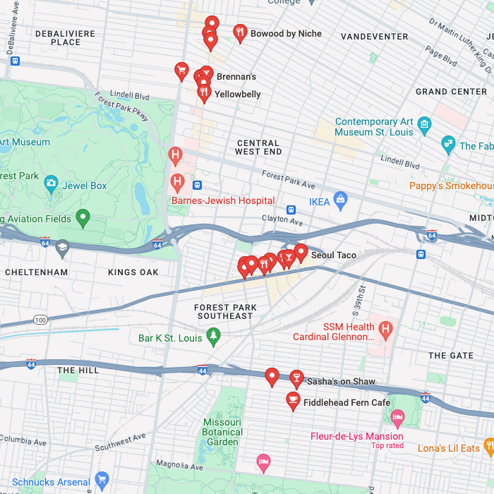Map of notable places to eat around the venue and hotels.