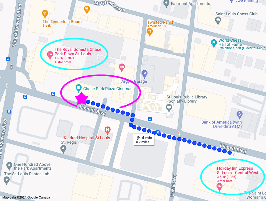 Map showing shuttle pick-up location, Chase Park Plaza Cinemas (pink star), relative to Chase Park Plaza Hotel, and Holiday Inn Express.