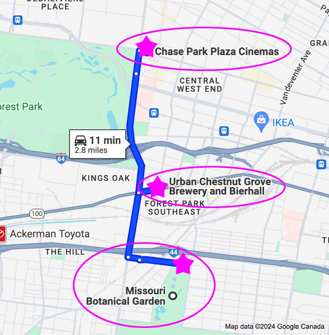Map below showing shuttle route from MoBot to Urban Chestnut (Student Social) to Chase Park Plaza.