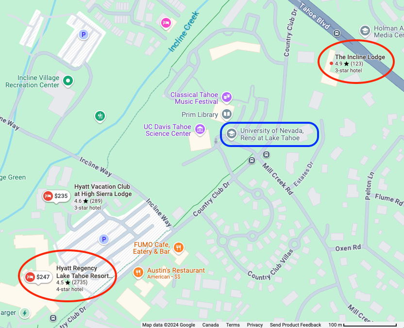 Map of Incline Village hotels and conference venue (UNR at Lake Tahoe)