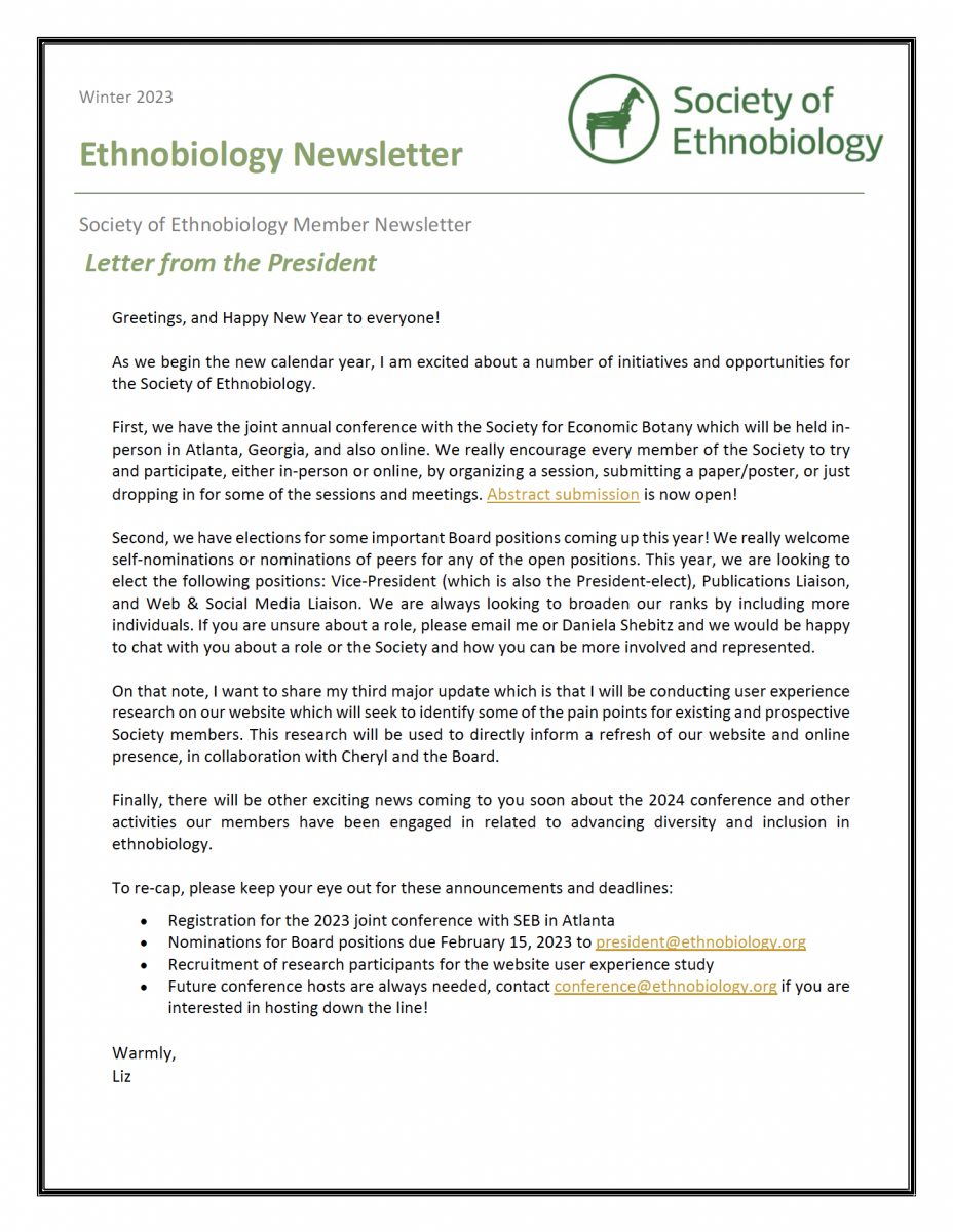 Winter 2023 Ethnobiology Newsletter